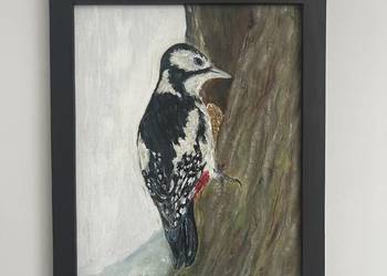 Dzięcioł – obraz olejny 24×30 cm w drewnianej ramie