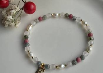 Kamienie naturalne Turmalin Kwarc Różowy Perła Bransoletka Szczęścia