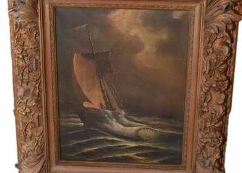 Łódź Na Wzburzonym Morzu - Marynistyczny Obraz Olejny - Zdobiona Rama