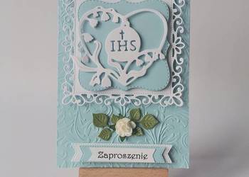 ZAPROSZENIA KOMUNIA CHŁOPIEC IHS W SERCU B6 BŁĘKIT-BIEL