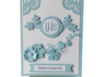 ZAPROSZENIA KOMUNIA CHŁOPIEC HOSTIA W LIŚCIACH C6 BŁĘKIT - BIEL