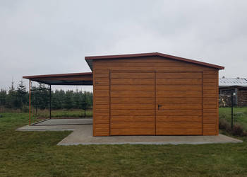 Blaszany garaż 4x6m + wiatka 3×3- złoty dąb jasny