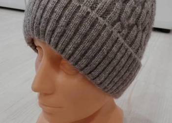 Czapka Wełniana Wełna Wiskoza Beanie Warkocze Ocieplana Misiem Beżowa