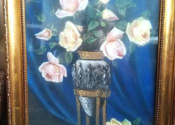 Pastel w złotej ramie róże w wazonie podpisany Z? Stankiewicz 55/75cm