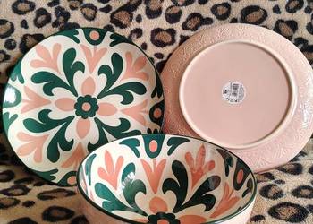 Dwa talerze plus miska ceramiczna jasny róż