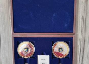 10 Lat Waluty EURO GIGANT 70 mm ZŁOTO Medal Kaseta Mahoń Etui