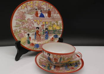 Antyczne Trio Śniadaniowe JAPONIA Gejsza Porcelana Skorupka Jajka Kutani
