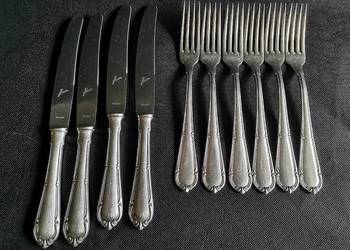 Stare posrebrzane sztućce 4 noże, 6 widelców Gowe,  plater