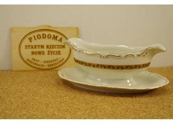 Porcelanowa sosjerka z podstawką Tielsch Wałbrzych – złocona dekoracja