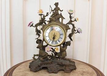 Zegar Kominkowy Stojący Porcelana + Brąz Skrzydlate Lwy - Sygnowany