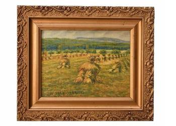 Jan Stanisławski - Pejzaż Polskiej Wsi Sianokosy - Stary Obraz na Drewnie