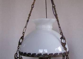 Lampa wisząca typu „naftowiec”, szkło mleczne + mosiądz, motyw żaglowców