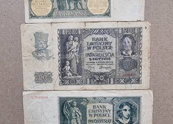 Stare BANKNOTY 10 złotych 20 lipiec 1929 20 złotych 1941 r 50 zł 1940 r. Stare BANKNOTY 10 złotych 20 lipiec 1929 20 złotych 1941 r 50 zł 1940 r.