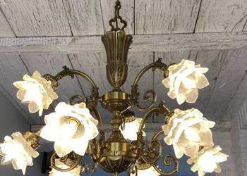 Francuski Żyrandol vintage nr. 1 Francja, mosiądz 9-ram Lampa szklany klosz