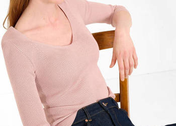 Sweter Orsay różowy L 40 wiskoza prążkowany ribber V neck dekolt serek