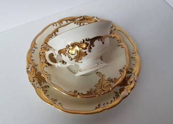 Trio: filiżanka, spodeczek, talerzyk Złoty Liść, KPM, stara porcelana