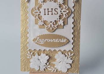 ZAPROSZENIA KOMUNIA UNIWERSALNE IHS W RAMCE KOKARDY B6 ZŁOTO – BIEL