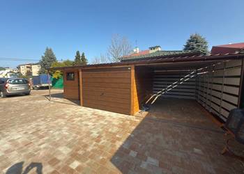 Garaż Blaszany Drewnopodobny 9x6 spad na przód profil poziom 3x5 6x6 4x6