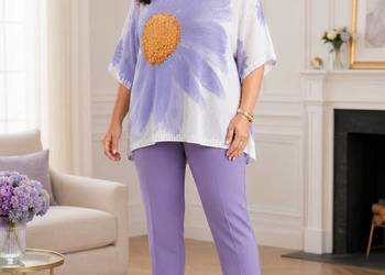 Sweterek kimono oversize ażurowy fioletowy kwiat biust 140 cm damski