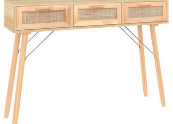 Stolik konsolowy brązowy 105x30x75 cm lita sosna i rattan WM-345629