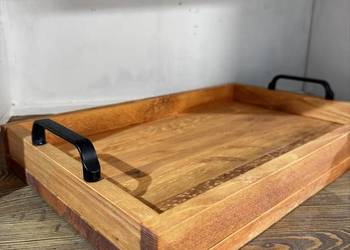 Ręcznie robiona drewniana taca z uchwytami – loft / rustykalny styl