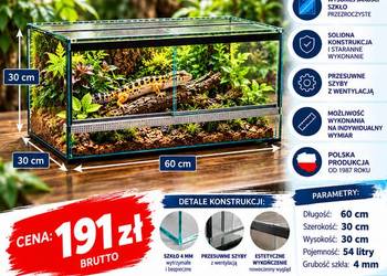 Terrarium szklane 60x30x30 cm – szkło 4 mm – producent Trans-Glass