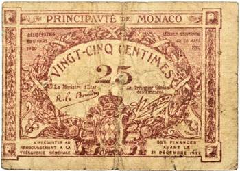 MONAKO 1920-P1-25 centimes brązowy-BARDZO RZADKI!