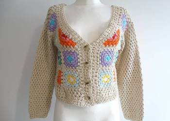 Sweter Kardigan Szydełkowy Handmade Crochet Beżowy Luźny Fason Stradivarius