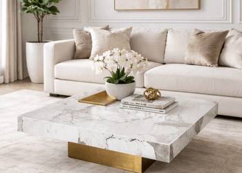 stolik kawowy złoty z blatem kamiennym o wzorze marmuru Ameba 100x100