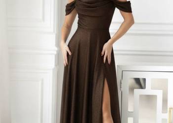 Suknia brokatowa wieczorowa carmen brązowa czekoladowa połysk 44, 46, 48 Suknia brokatowa wieczorowa carmen brązowa czekoladowa połysk 44, 46, 48