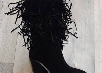 (40/41) Czarne kozaki kowbojki wieczorowe z frędzlami, NOWE