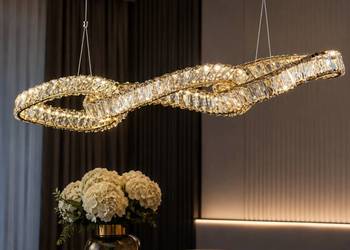 Żyrandol kryształowy nowoczesny, podłużna lampa wisząca złota glamour