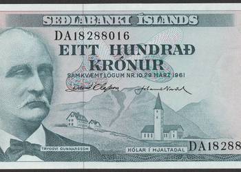 ISLANDIA 100 KORON 1961 - TRYGGVI GUNNARSSON - STAN UNC
