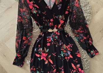 Sukienka print egzotyczne kwiaty Rękawy z Siatki