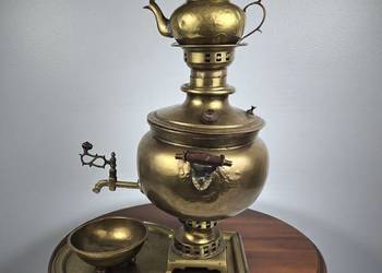 Samowar mosiężny z tacą, płukalnicą i czajniczkiem  Rosja XIX/XX