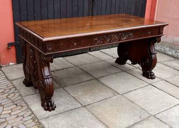 Unikatowe Neorenesansowe Dwustronne Dębowe Biurko Lwie Łapy 1920 r. Antyk