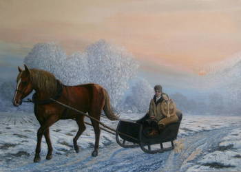 Saniami na targ ręcznie malowany, olej na płótnie, 50 x 70 cm