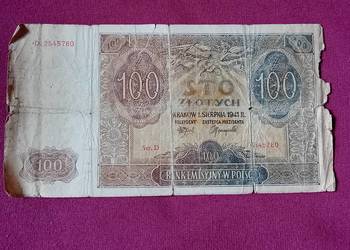 Banknot 100 zł, GG 1941 r. seria D. Stan zachowania VI.