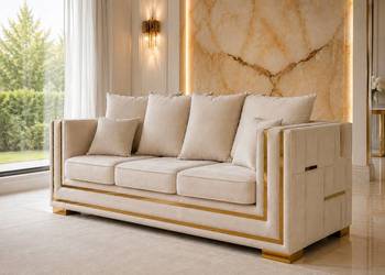 Designerska sofa glamour ze złotymi nogami, rozkładana do salonu