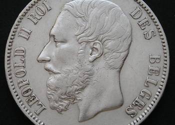 BELGIA 5 FRANKÓW 1873 - KRÓL LEOPOLD II KOBURG - SREBRO