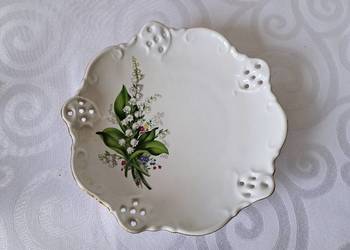 Porcelanowa patera chodzież konwalie 19cm ażurowa reliefy złocenia konwalie