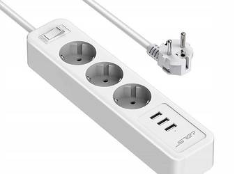 JSVER Listwa zasilająca 3x230V + 3xUSB 3680W z ochroną - Biała 2M