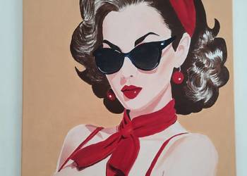 Portret kobiety w czerwieni retro obraz akrylowy lata 50