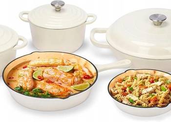 ZESTAW ŻELIWNYCH GARNKÓW I PATELNI EMALIOWANYCH 8 CZĘŚCI BIAŁY