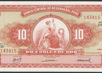 PERU 10 SOLES DE ORO 1968 - STAN BANKOWY UNC