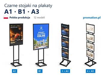 Czarne stojaki na plakaty A1, B1 i A3 – potrójne, poczwórne, na kółkach