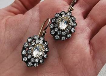 Piękne, vintage srebrne kolczyki z dużą ilością błyszczących kryształów