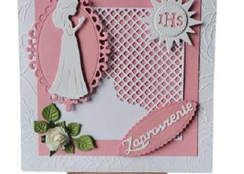 Zaproszenia Komunia Dziewczynka  W Ramce Koronkowej K4 Róż - Biel