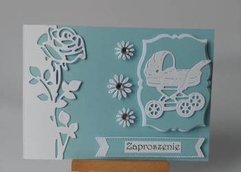 ZAPROSZENIA CHRZEST ŚWIĘTY WÓZEK RÓŻA C6 BŁĘKIT - BIEL