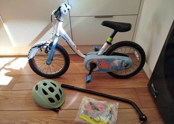 Rowerek dziecięcy 14" BTwin Aqua + rączka do nauki jazdy kask akcesoria KPL